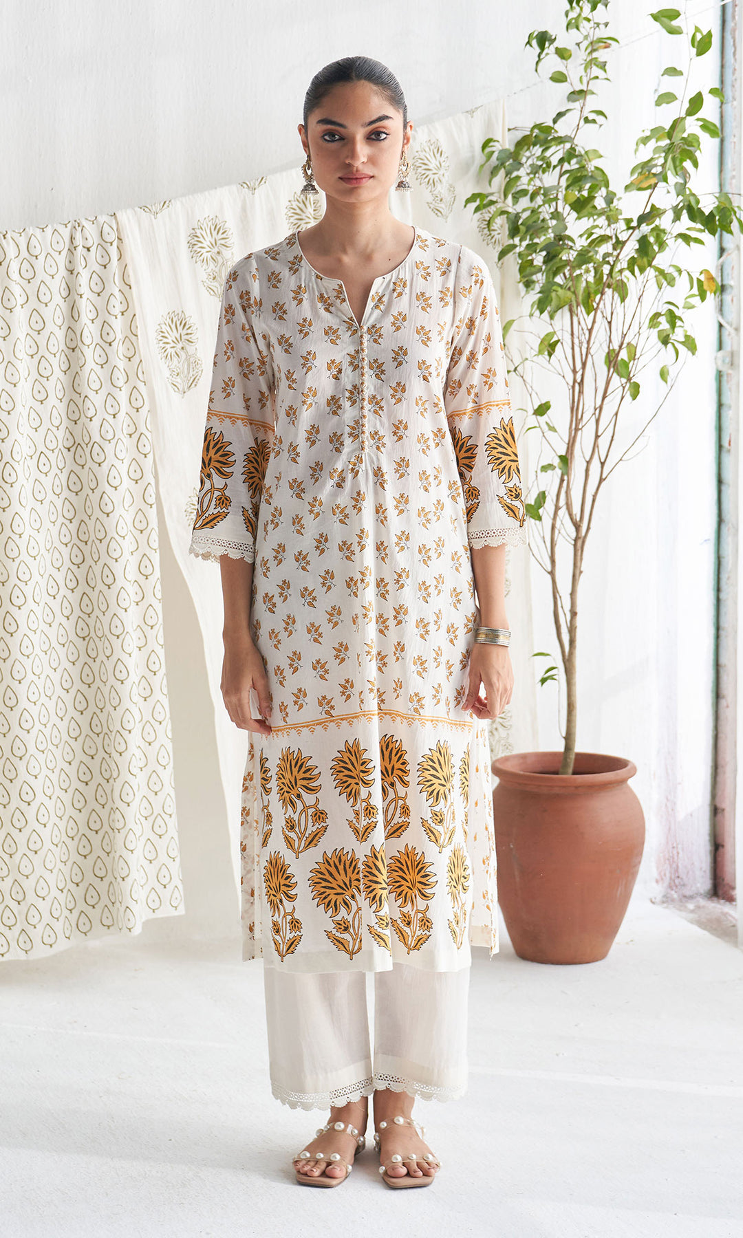 Gulmohar mughal mustard block printed straight kurta with palazzo and printed dupatta (set of 3)