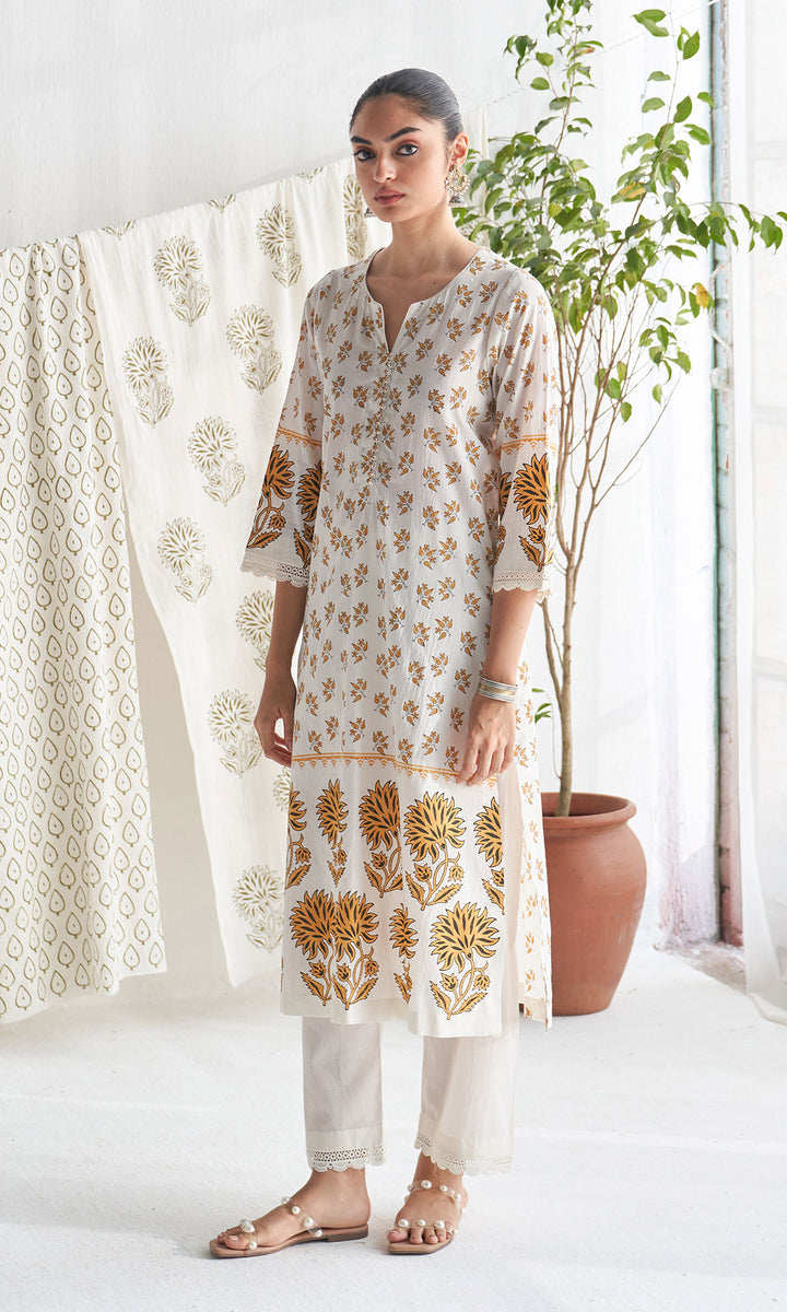 Gulmohar mughal mustard block printed straight kurta with palazzo and printed dupatta (set of 3)