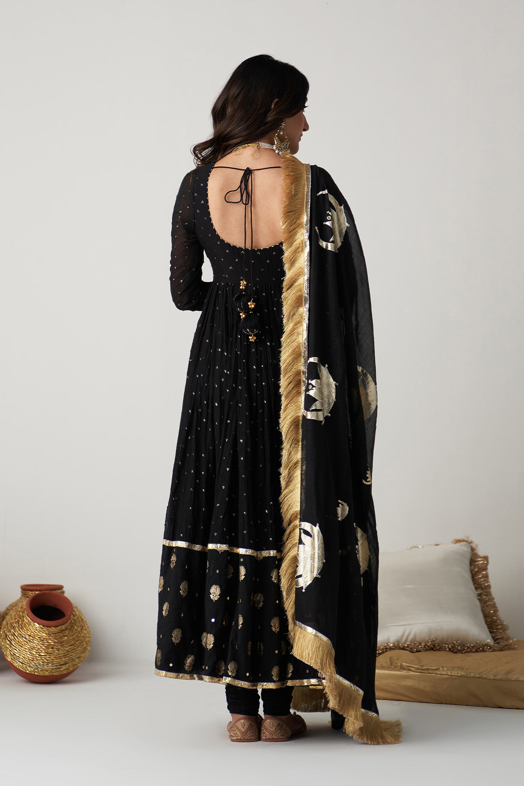 Pakeezah Black Anarkali with chooridar and foil print dupatta (set of 3), XXXL Pakeezah Black Anarkali with chooridar and foil print dupatta (set of 3), XXXL
