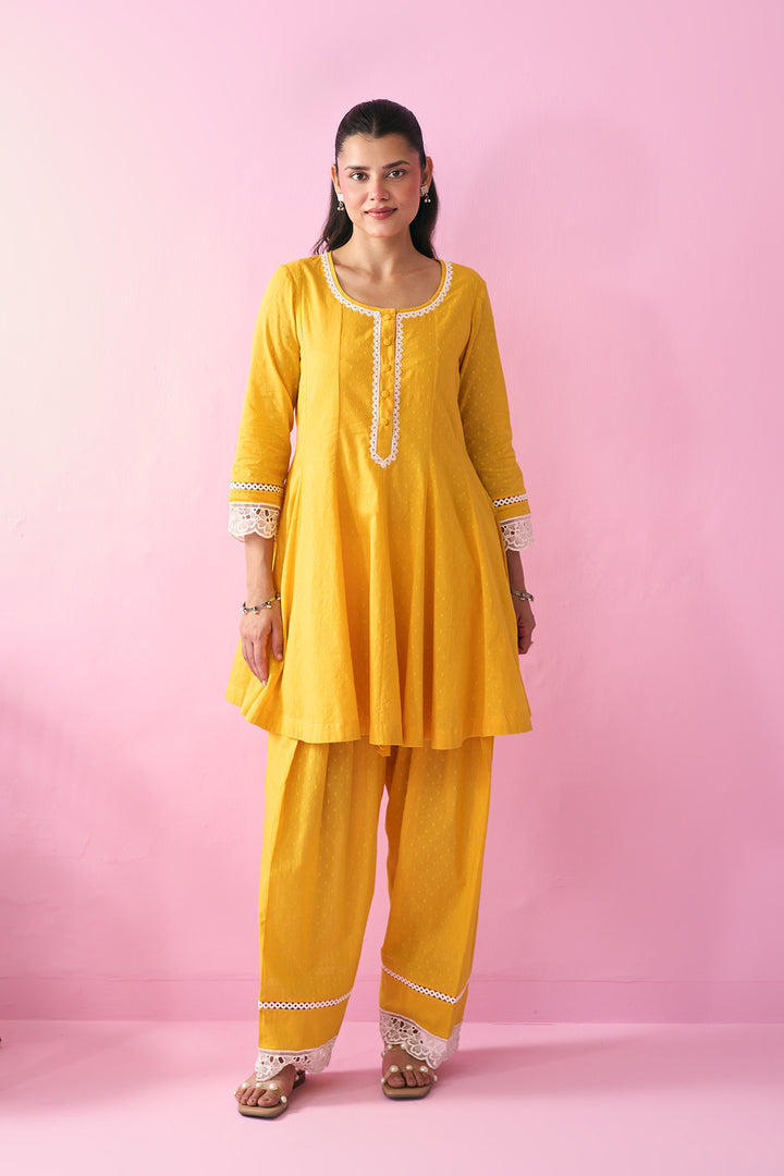 Summer Essentials 26 Yellow Soloid Short Anarkali With Farshi Salwar And Floral Print Dupatta ( Set Of 3 )