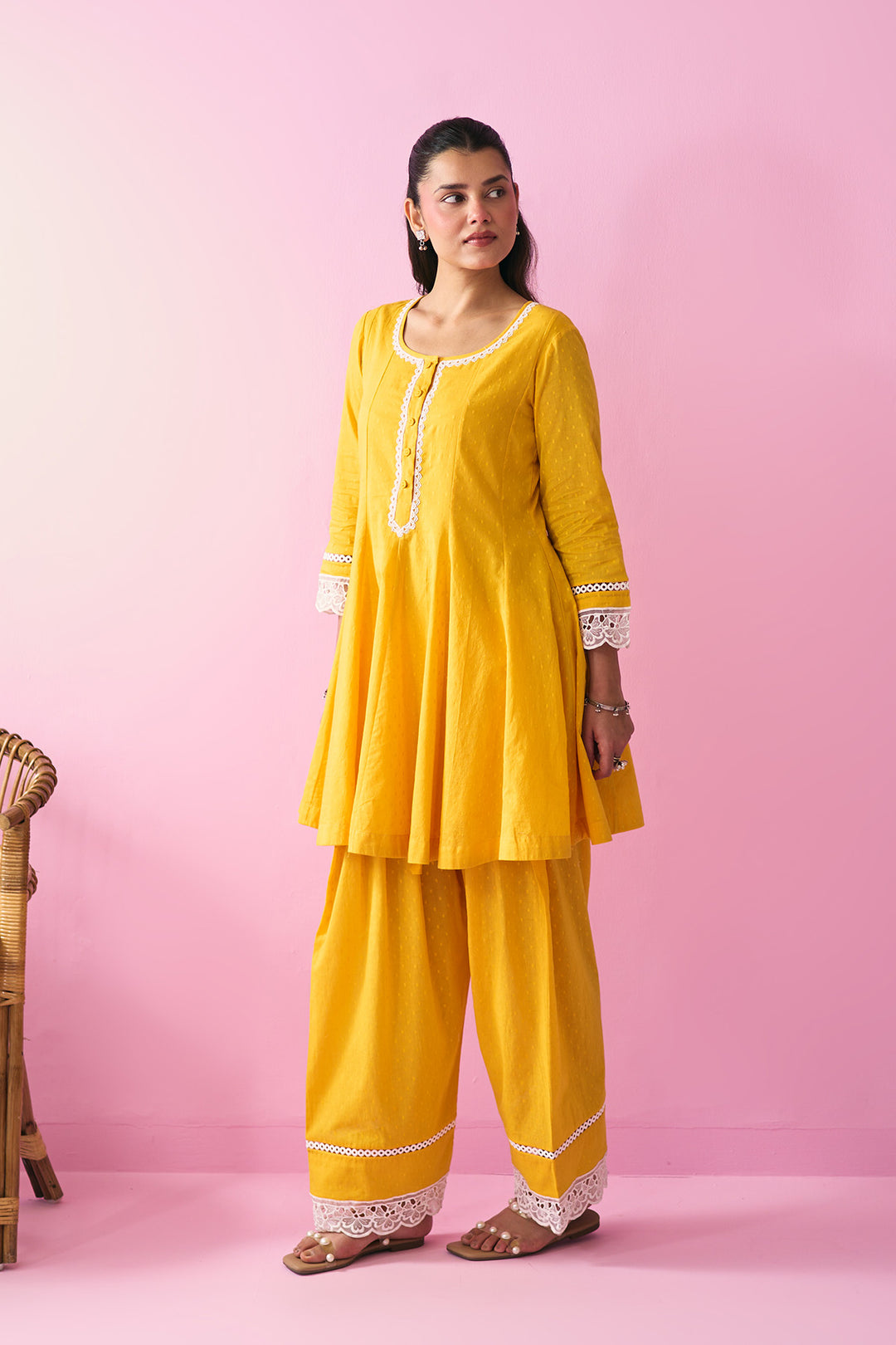 Summer Essentials 26 Yellow Soloid Short Anarkali With Farshi Salwar And Floral Print Dupatta ( Set Of 3 )