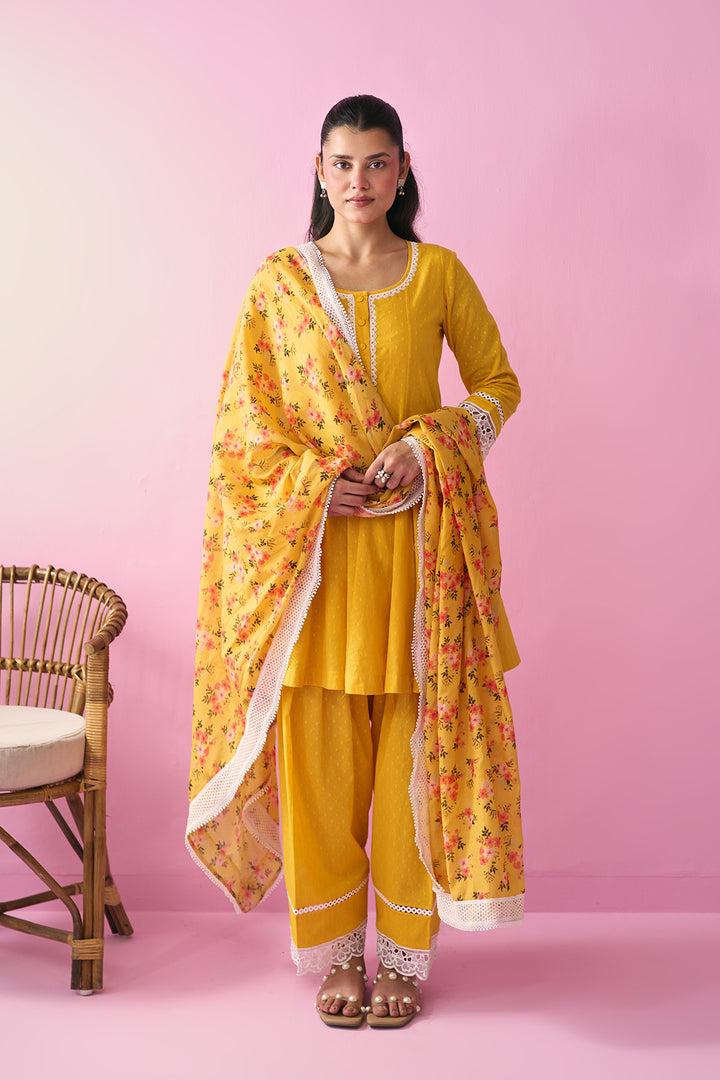 Summer Essentials 26 Yellow Soloid Short Anarkali With Farshi Salwar And Floral Print Dupatta ( Set Of 3 )