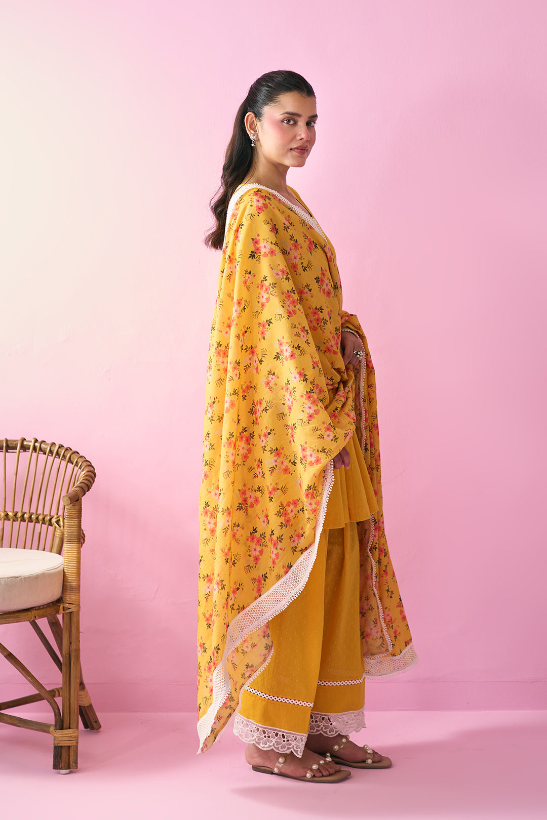 Summer Essentials 26 Yellow Soloid Short Anarkali With Farshi Salwar And Floral Print Dupatta ( Set Of 3 )