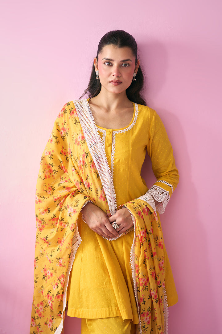 Summer Essentials 26 Yellow Soloid Short Anarkali With Farshi Salwar And Floral Print Dupatta ( Set Of 3 )