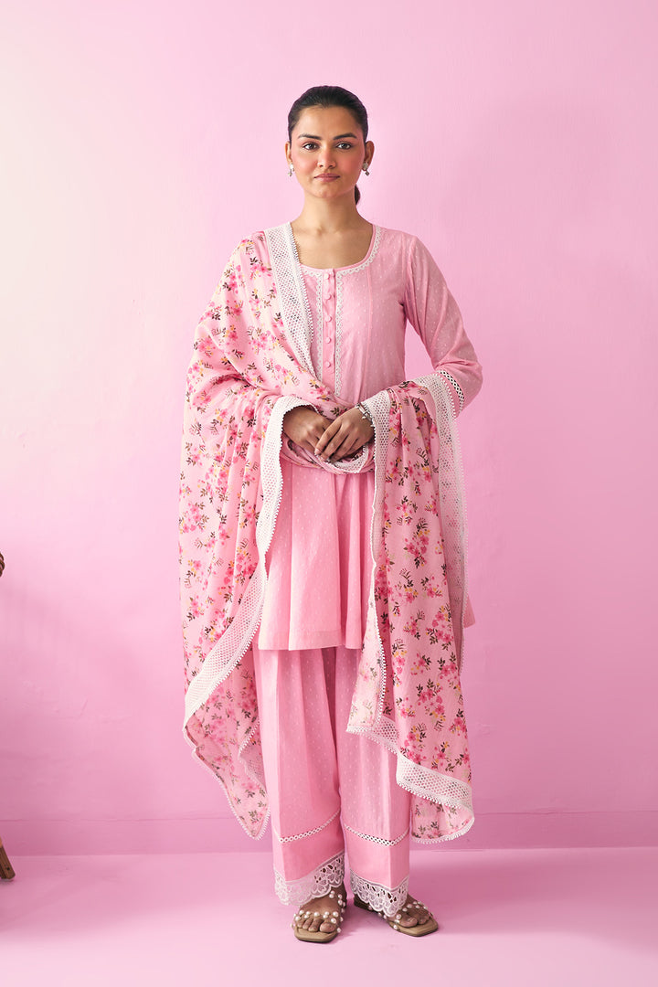 Summer Essentials 26 Pink Soloid Short Anarkali With Farshi Salwar And Floral Print Dupatta ( Set Of 3 )