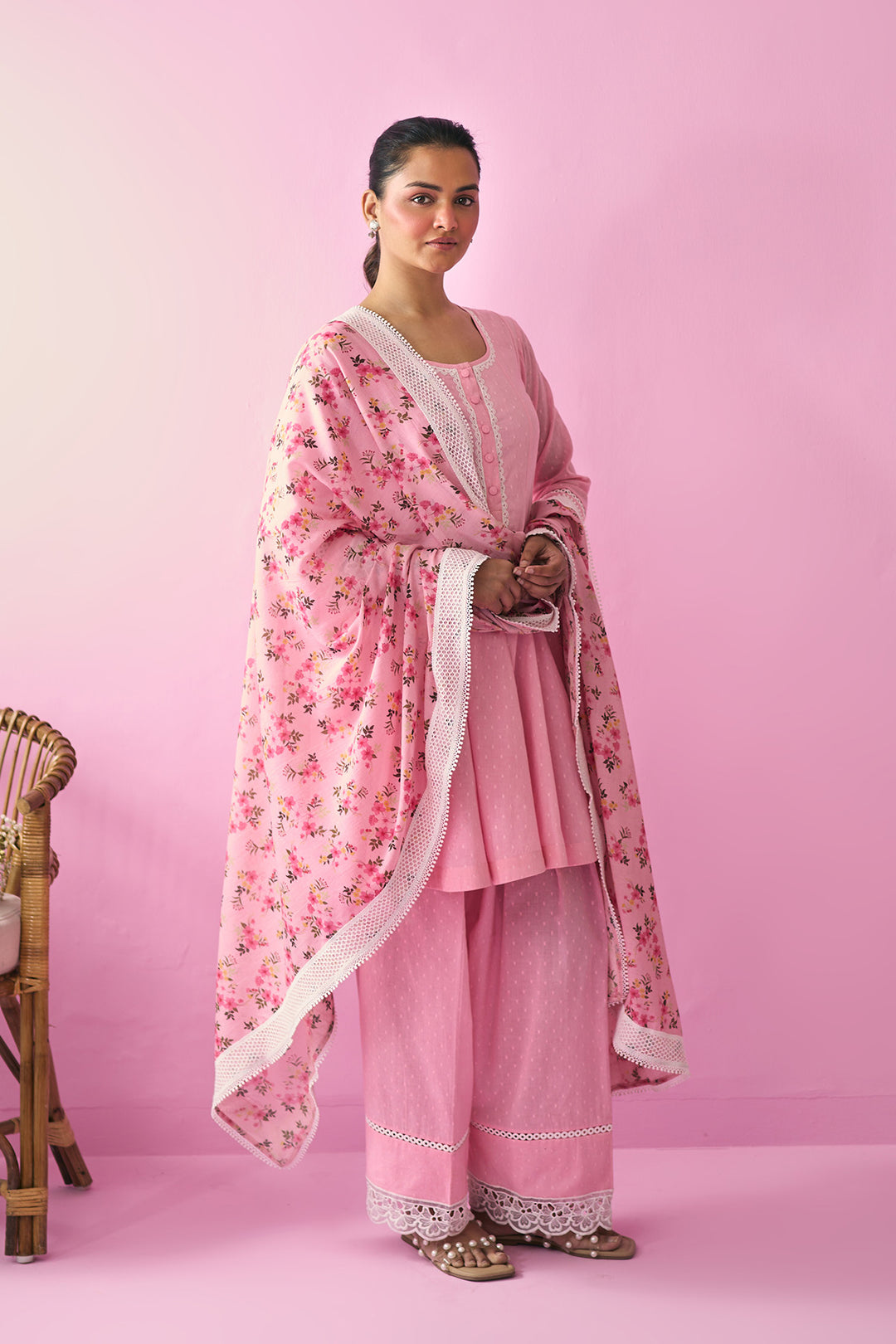 Summer Essentials 26 Pink Soloid Short Anarkali With Farshi Salwar And Floral Print Dupatta ( Set Of 3 )