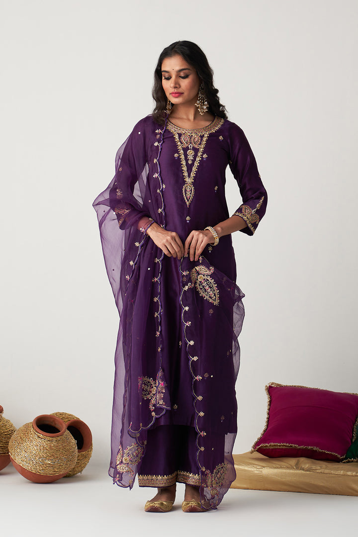 Pakeezah deep purple hand  embroidered kurta with  palazzo and  dupatta (set  of 3)