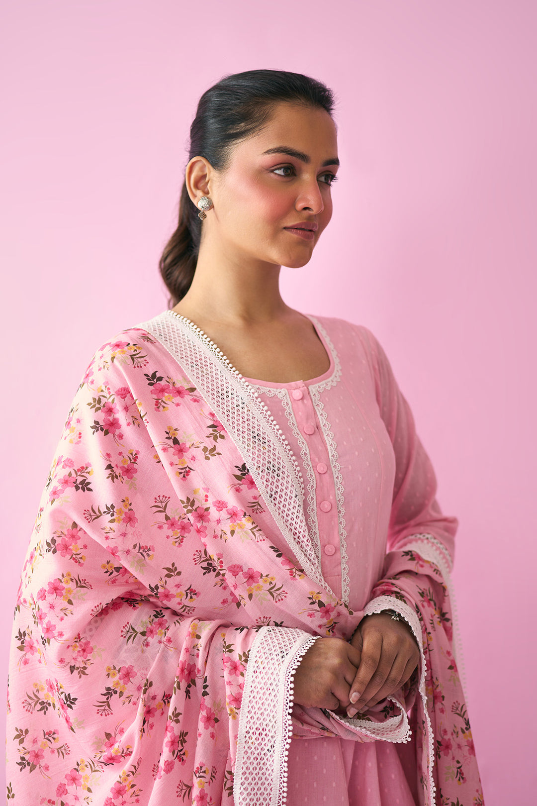 Summer Essentials 26 Pink Soloid Short Anarkali With Farshi Salwar And Floral Print Dupatta ( Set Of 3 )