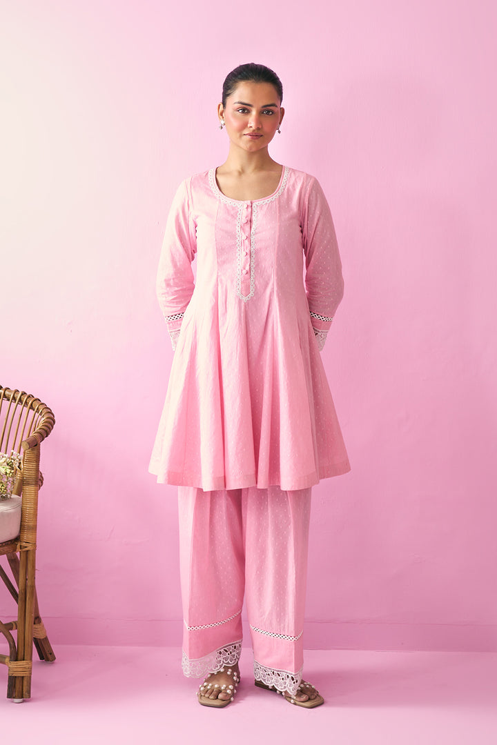Summer Essentials 26 Pink Soloid Short Anarkali With Farshi Salwar And Floral Print Dupatta ( Set Of 3 )