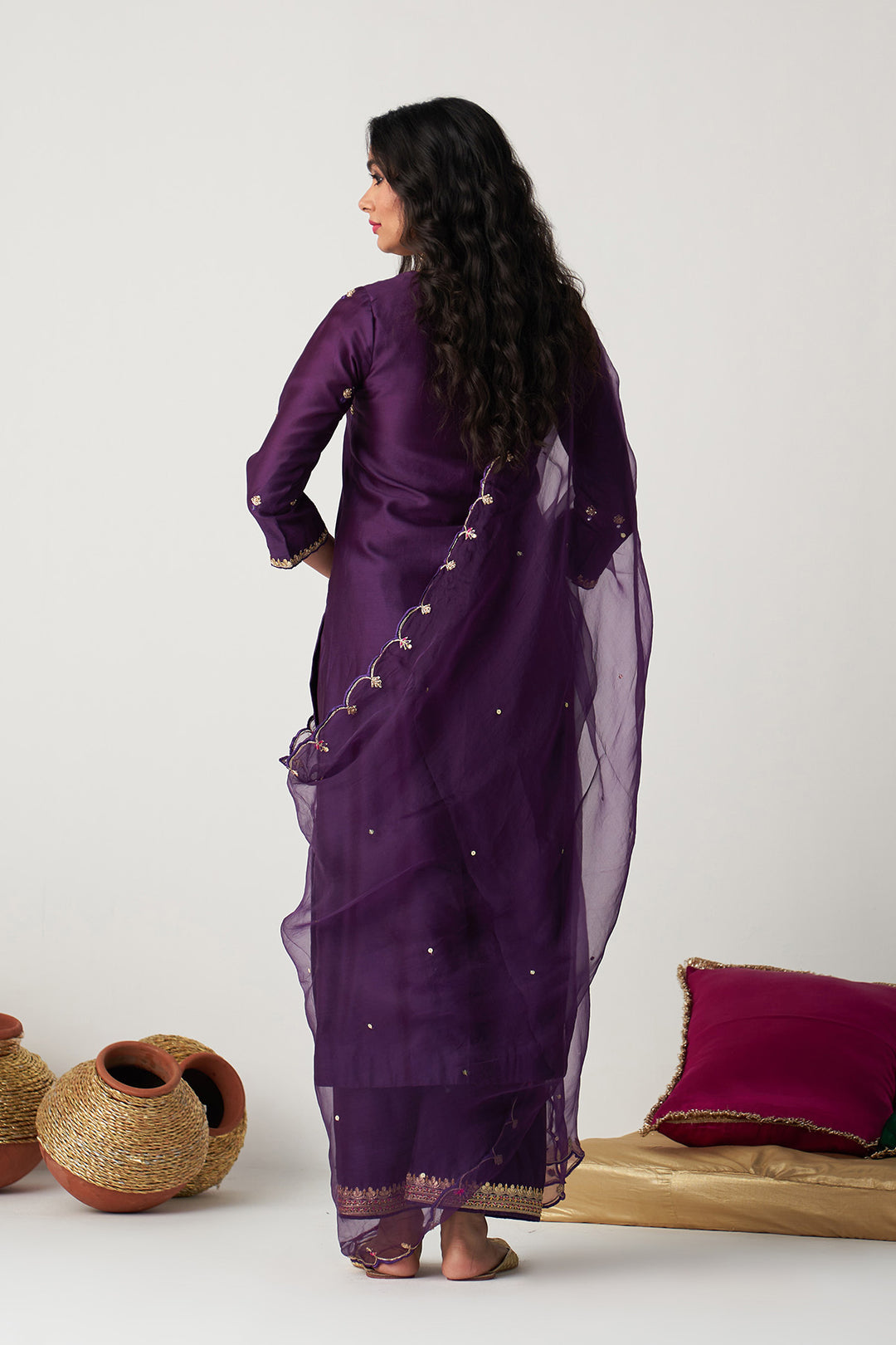 Pakeezah deep purple hand  embroidered kurta with  palazzo and  dupatta (set  of 3)