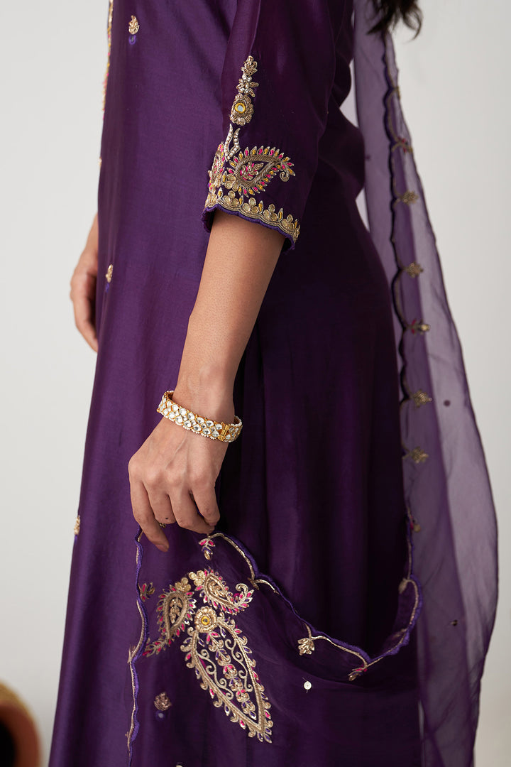 Pakeezah deep purple hand  embroidered kurta with  palazzo and  dupatta (set  of 3)