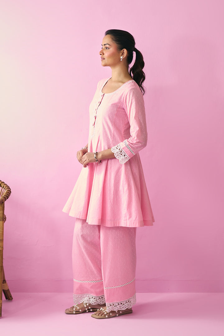 Summer Essentials 26 Pink Soloid Short Anarkali With Farshi Salwar And Floral Print Dupatta ( Set Of 3 )