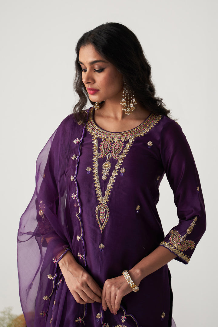 Pakeezah deep purple hand  embroidered kurta with  palazzo and  dupatta (set  of 3)
