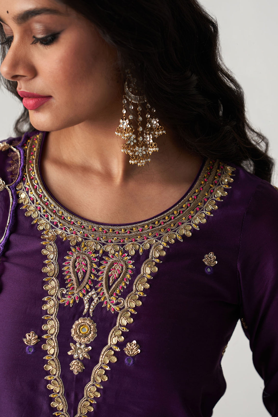 Pakeezah deep purple hand  embroidered kurta with  palazzo and  dupatta (set  of 3)