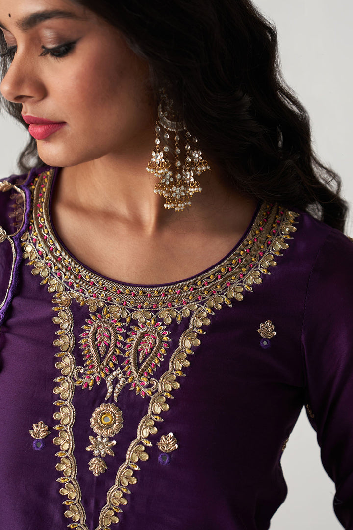 Pakeezah deep purple hand  embroidered kurta with  palazzo and  dupatta (set  of 3)