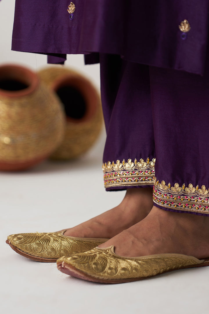 Pakeezah deep purple hand  embroidered kurta with  palazzo and  dupatta (set  of 3)