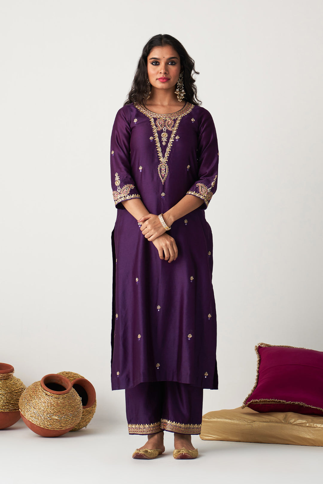 Pakeezah deep purple hand  embroidered kurta with  palazzo and  dupatta (set  of 3)