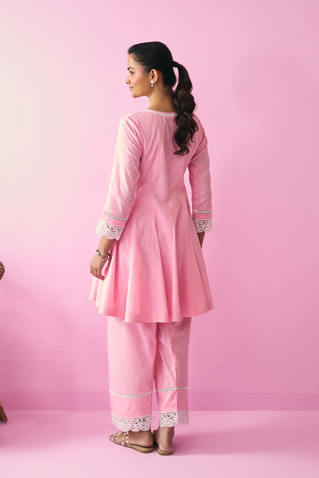 Summer Essentials 26 Pink Soloid Short Anarkali With Farshi Salwar And Floral Print Dupatta ( Set Of 3 )