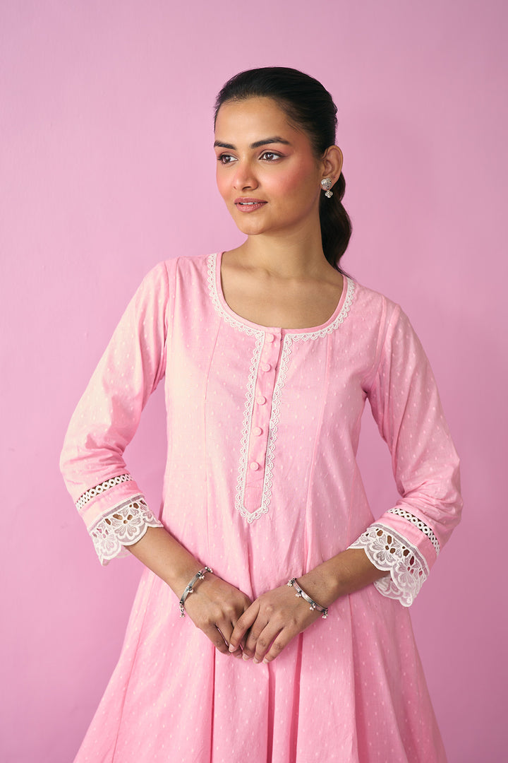 Summer Essentials 26 Pink Soloid Short Anarkali With Farshi Salwar And Floral Print Dupatta ( Set Of 3 )