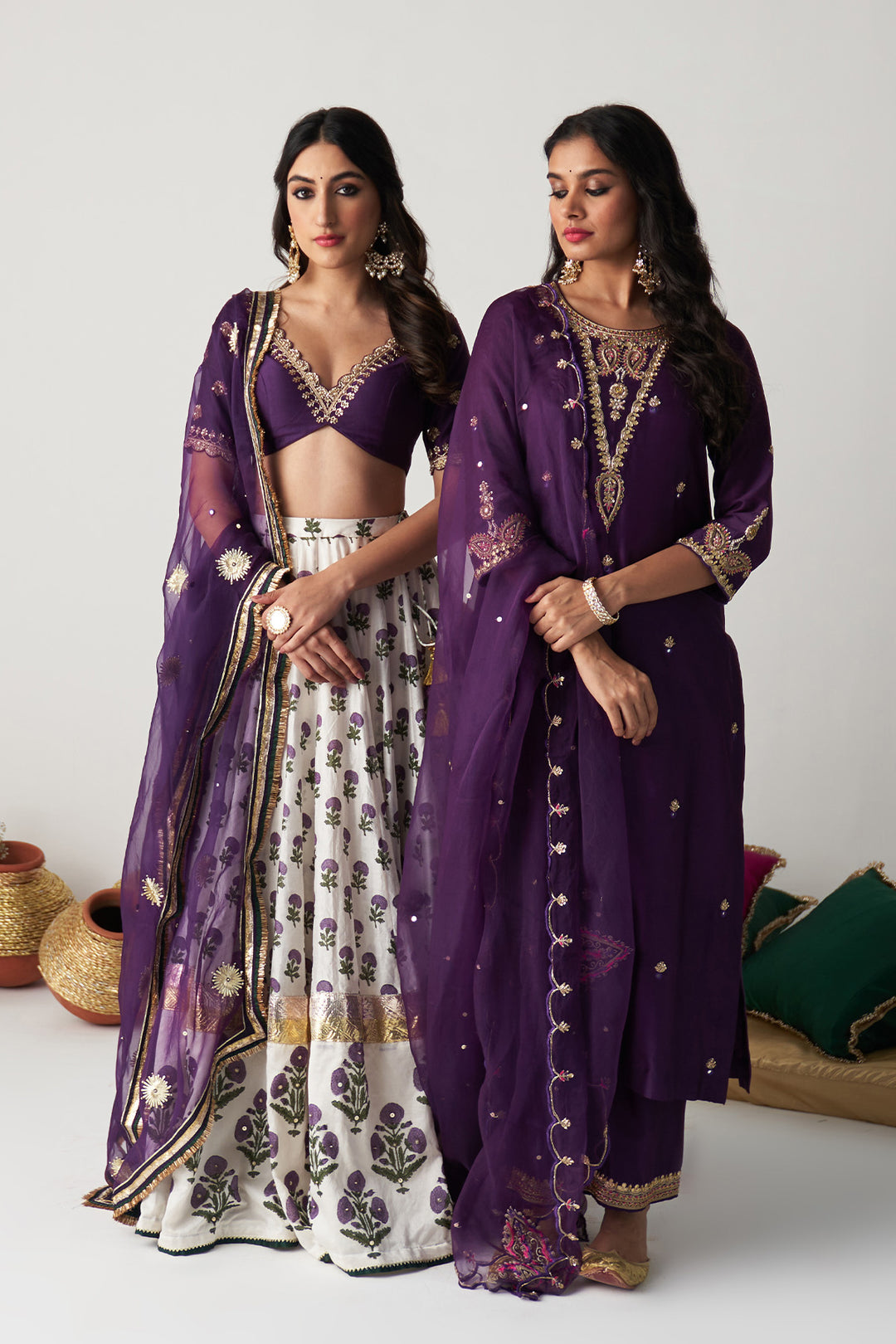 Pakeezah deep purple hand  embroidered kurta with  palazzo and  dupatta (set  of 3)