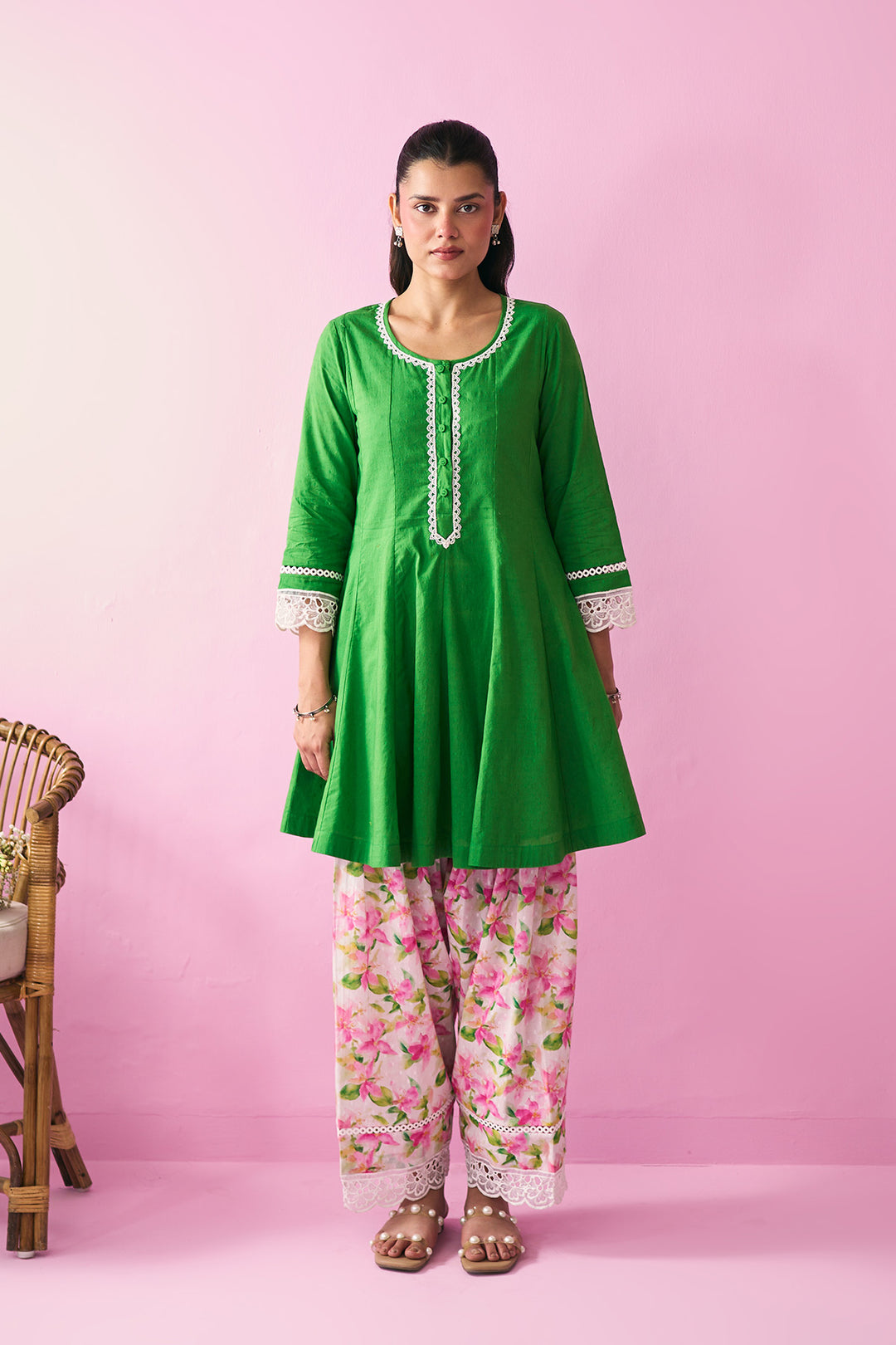 Summer Essentials 26 Green Solid Short Anarkali With Multi Floral Salwar With Dupatta ( Set Of 3 )