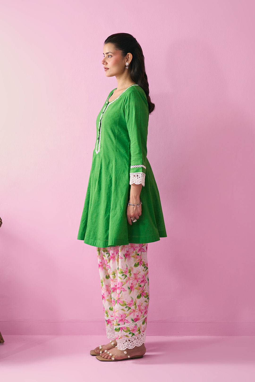 Summer Essentials 26 Green Solid Short Anarkali With Multi Floral Salwar With Dupatta ( Set Of 3 )