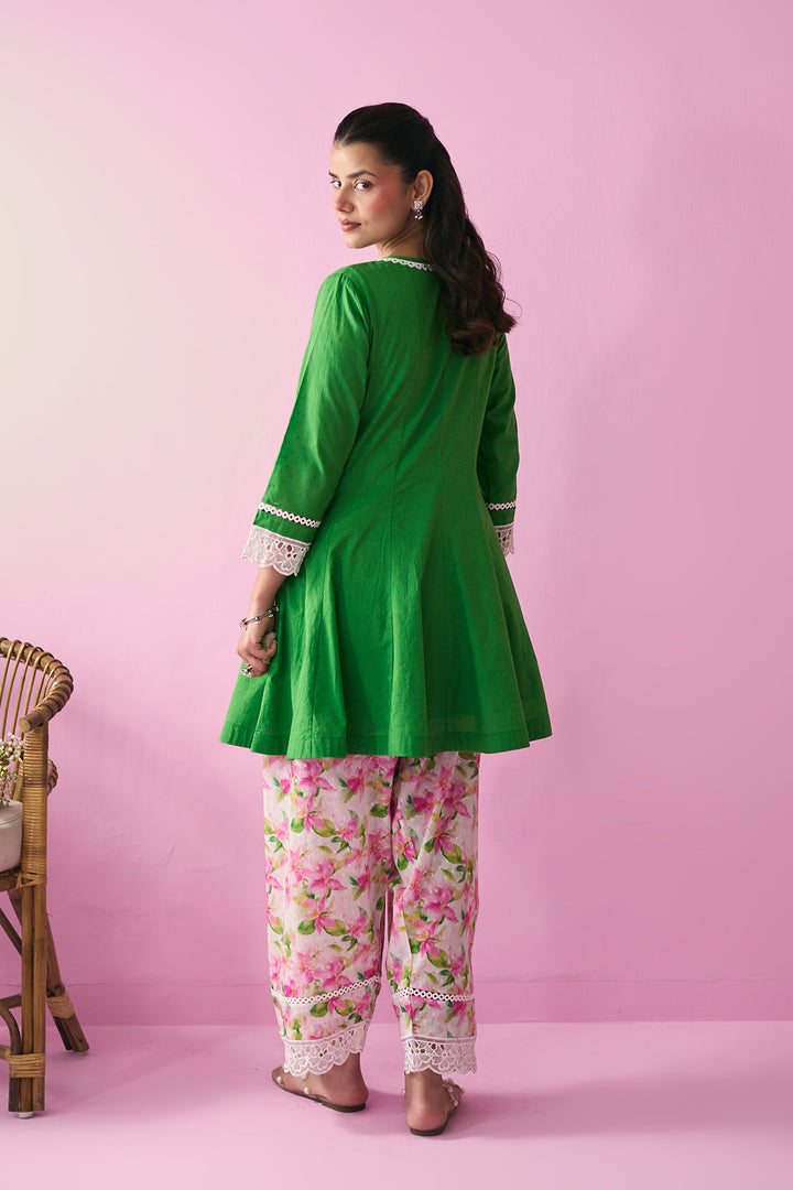 Summer Essentials 26 Green Solid Short Anarkali With Multi Floral Salwar With Dupatta ( Set Of 3 )