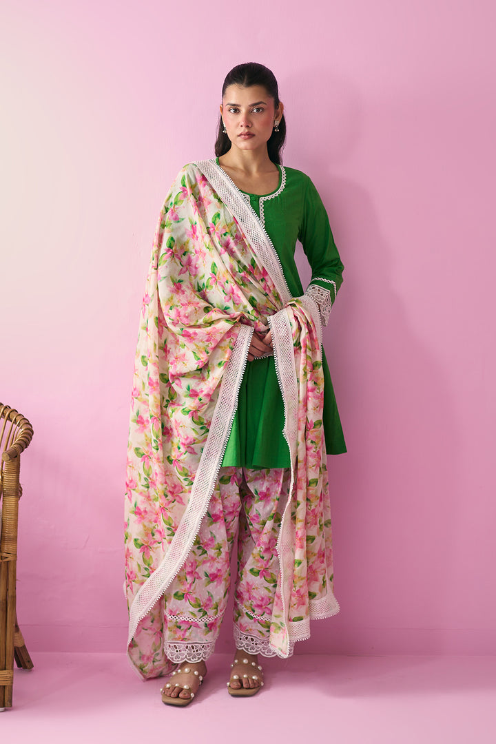 Summer Essentials 26 Green Solid Short Anarkali With Multi Floral Salwar With Dupatta ( Set Of 3 )