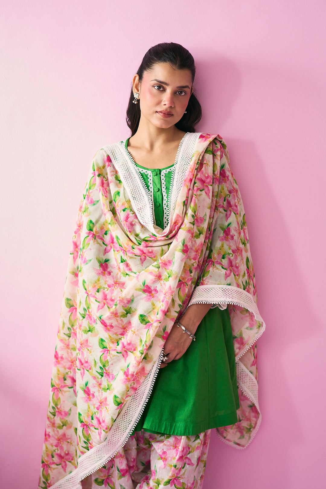 Summer Essentials 26 Green Solid Short Anarkali With Multi Floral Salwar With Dupatta ( Set Of 3 )