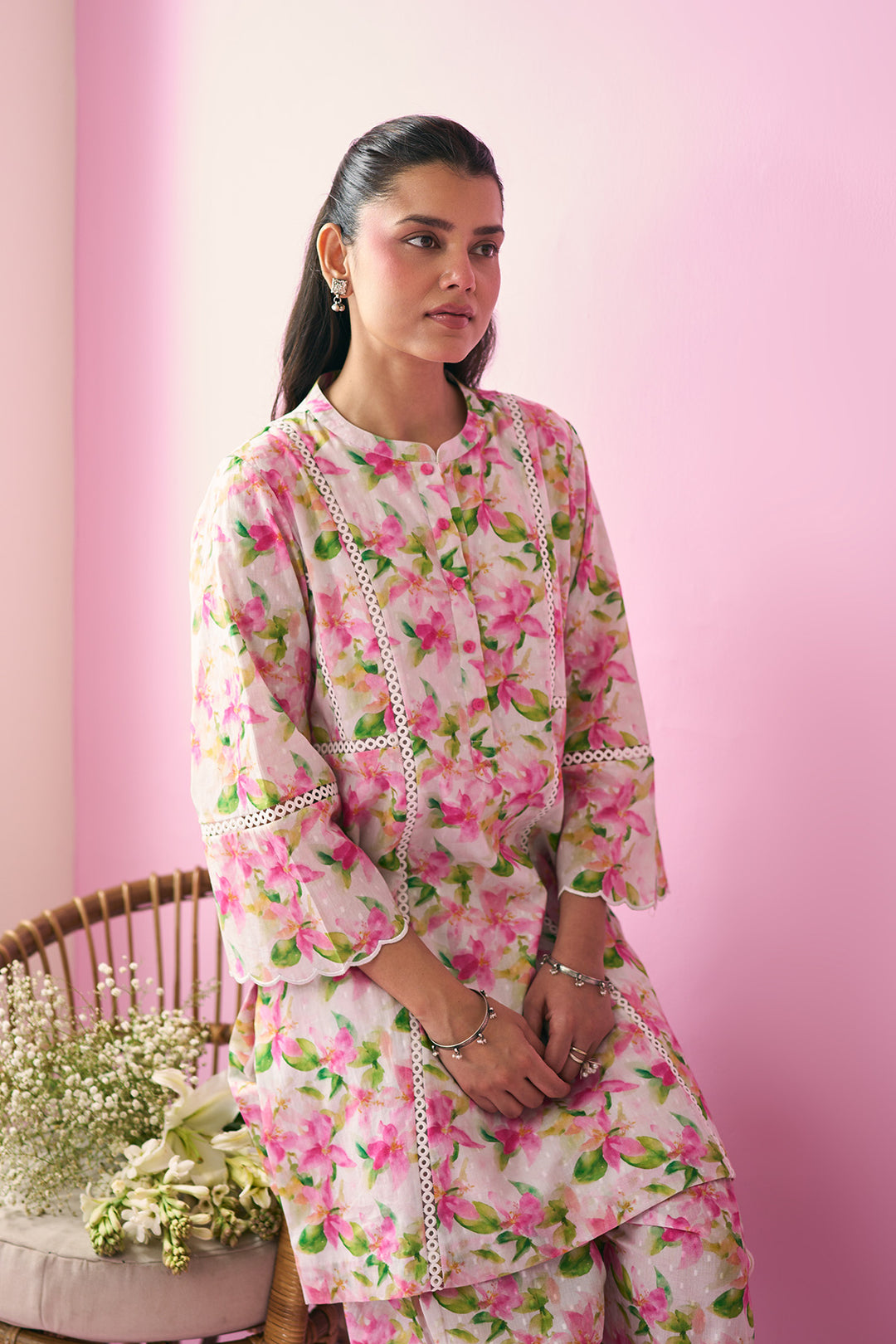 Summer Essentials 26 Off White With Multi Colour Floral Co-Ord Set ( Set Of 2 )