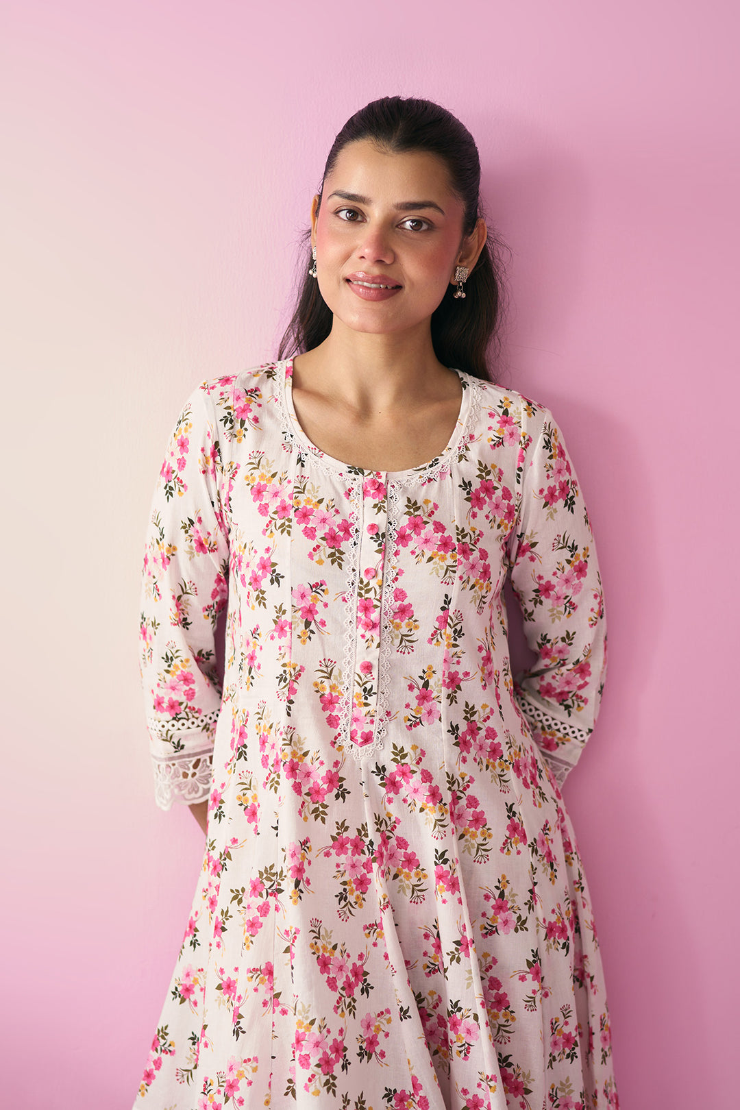 Summer Essentials 26 Off White Base Multi Floral Short Anarkali Wih Farshi Salwar ( Set Of 2 )
