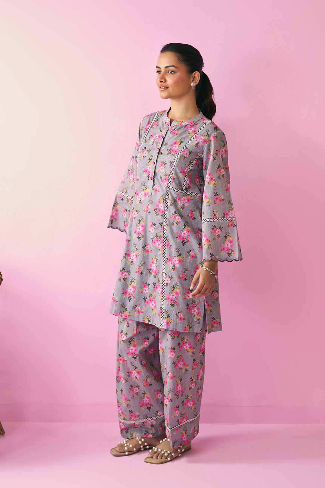 Summer Essentials 26 Grey Floral Co-Ord Set ( Set Of 2 )