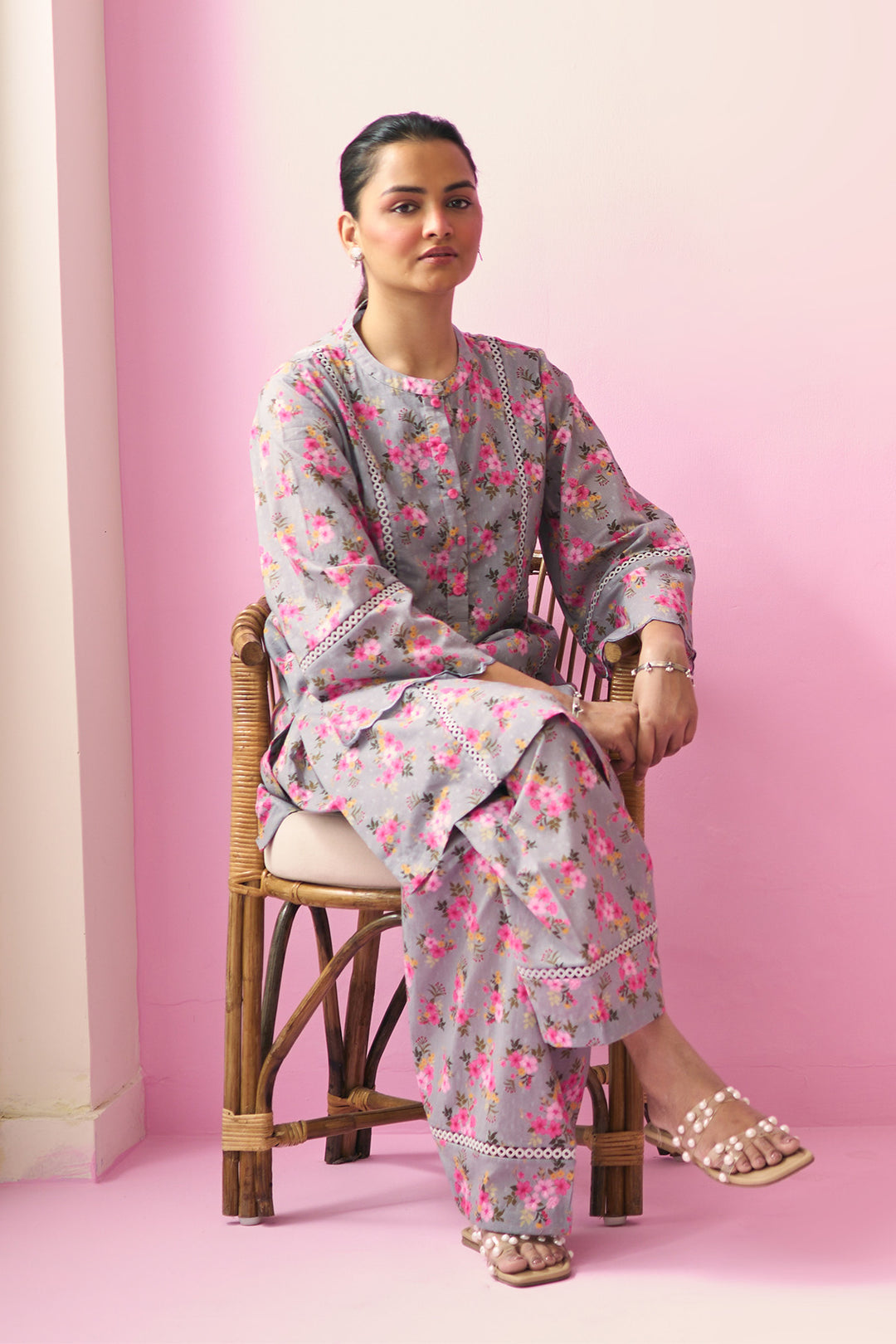 Summer Essentials 26 Grey Floral Co-Ord Set ( Set Of 2 )