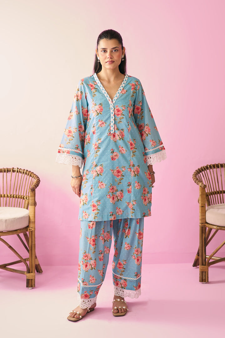 Summer Essentials 26 Turqoise Floral Co- Ord Set ( Set Of 2 )