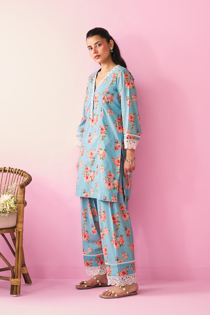 Summer Essentials 26 Turqoise Floral Co- Ord Set ( Set Of 2 )