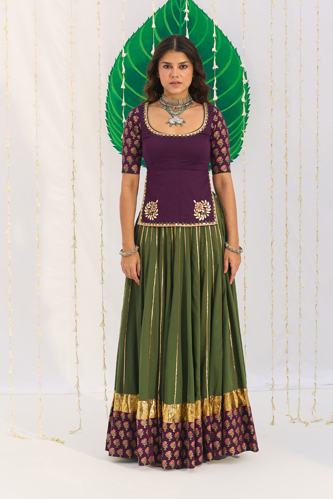 Jameela Olive Green Lehenga with Wine Choli and Dupatta (set of 3)