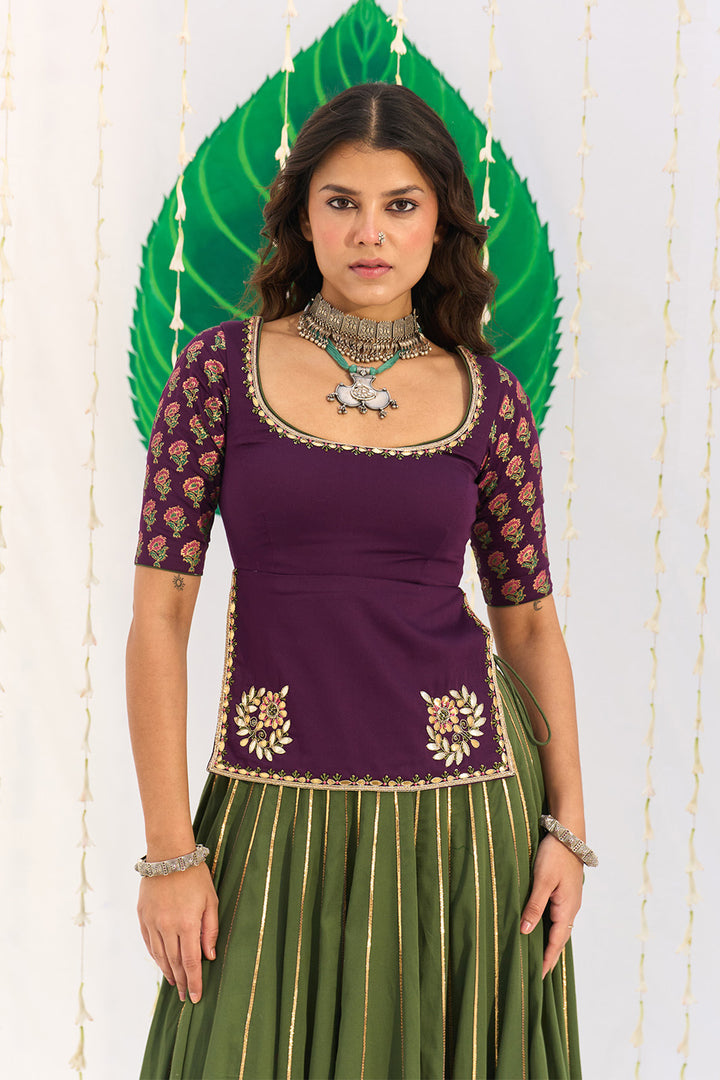 Jameela Olive Green Lehenga with Wine Choli and Dupatta (set of 3)