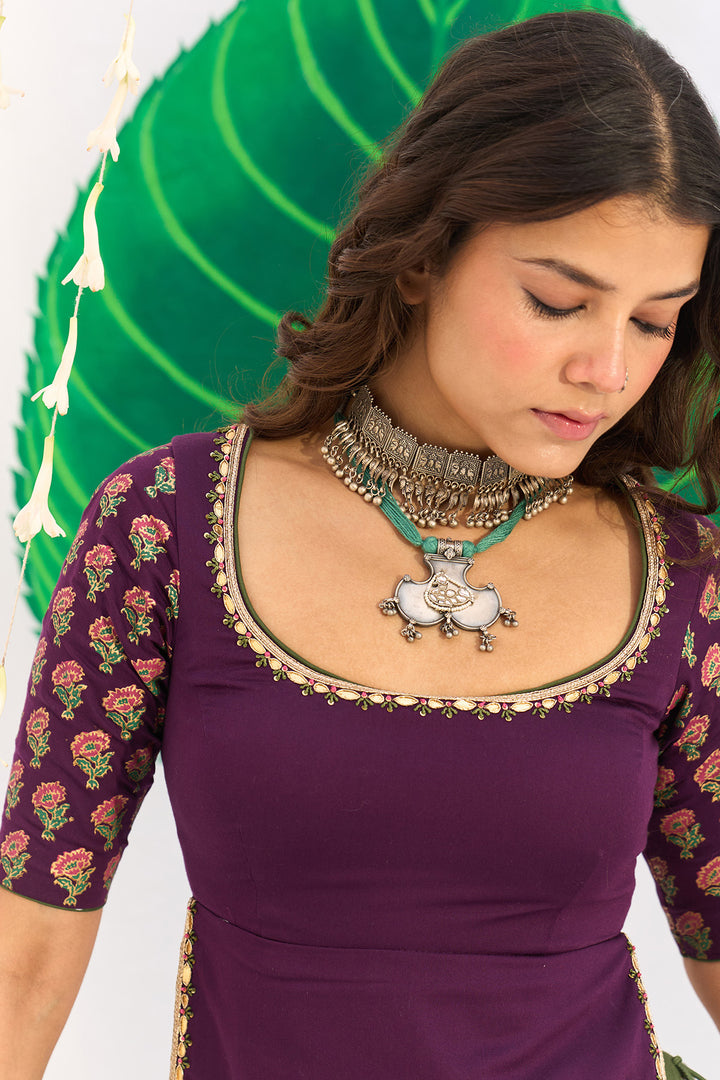 Jameela Olive Green Lehenga with Wine Choli and Dupatta (set of 3)