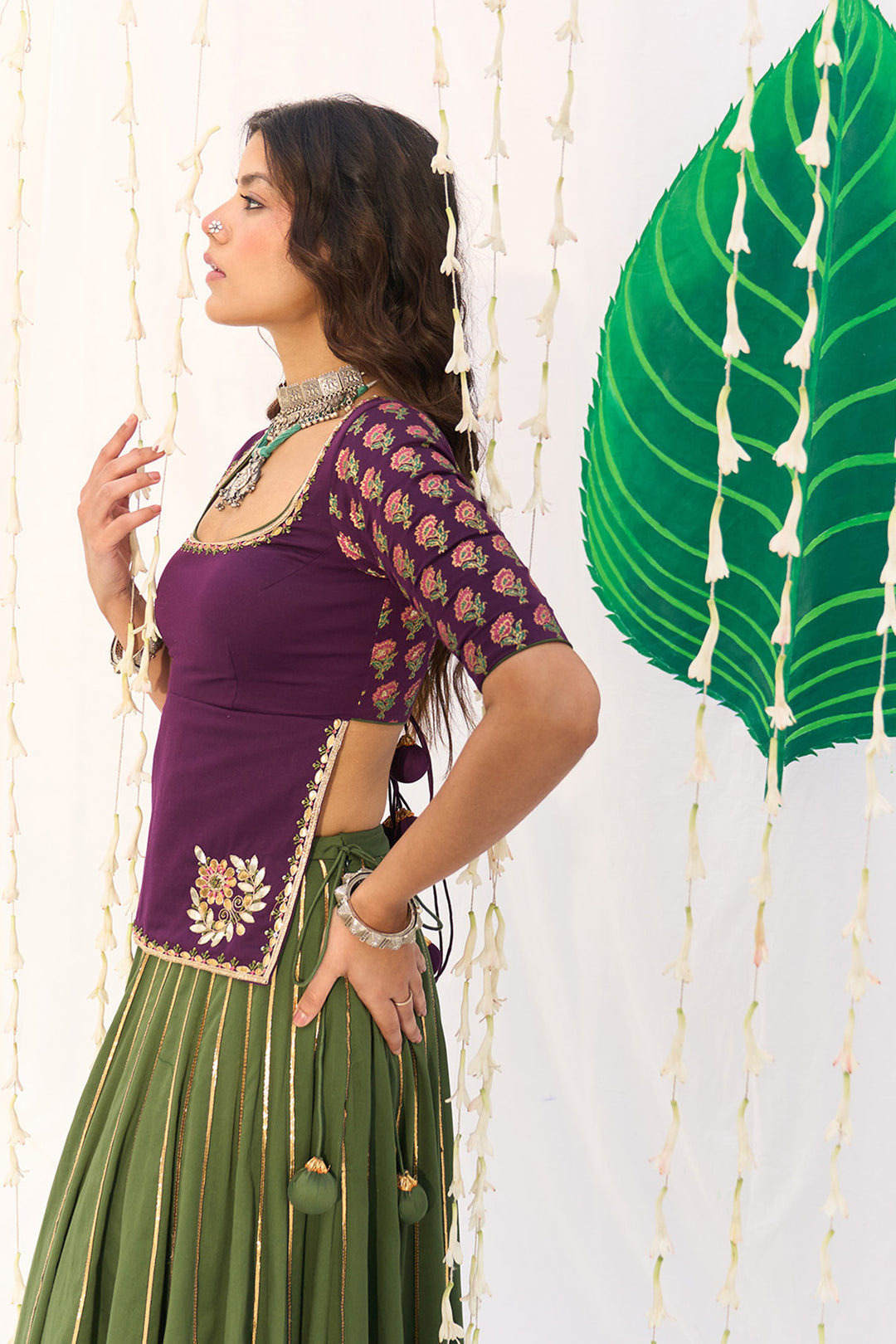 Jameela Olive Green Lehenga with Wine Choli and Dupatta (set of 3)