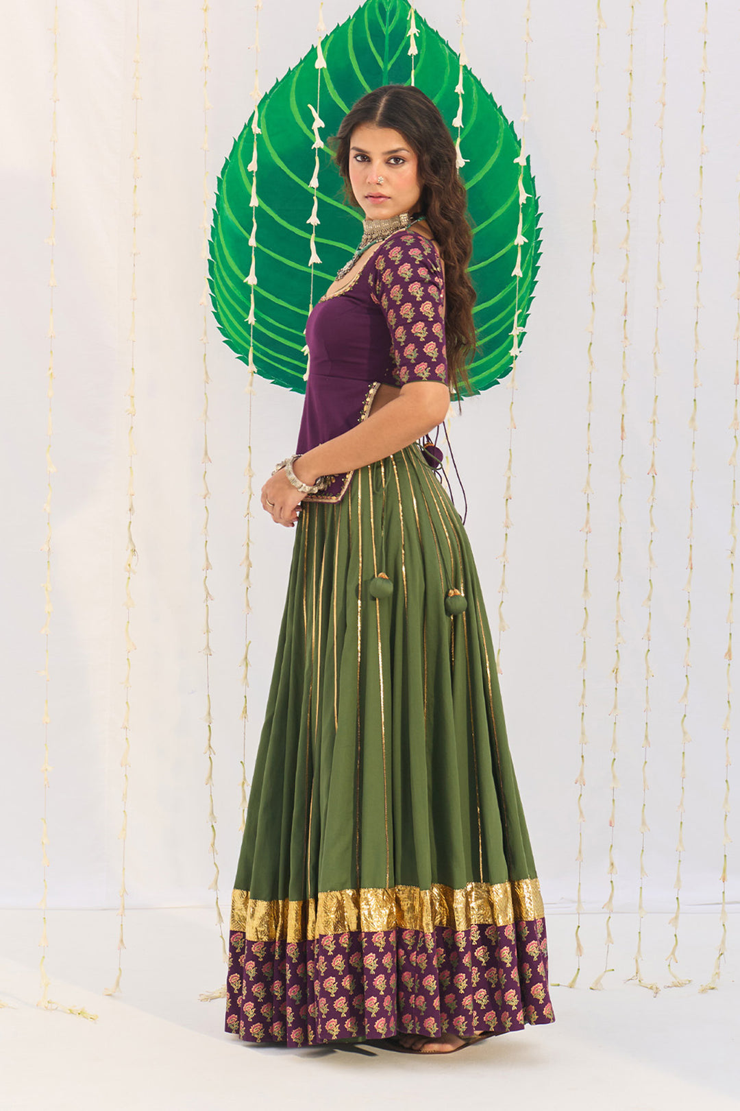 Jameela Olive Green Lehenga with Wine Choli and Dupatta (set of 3)