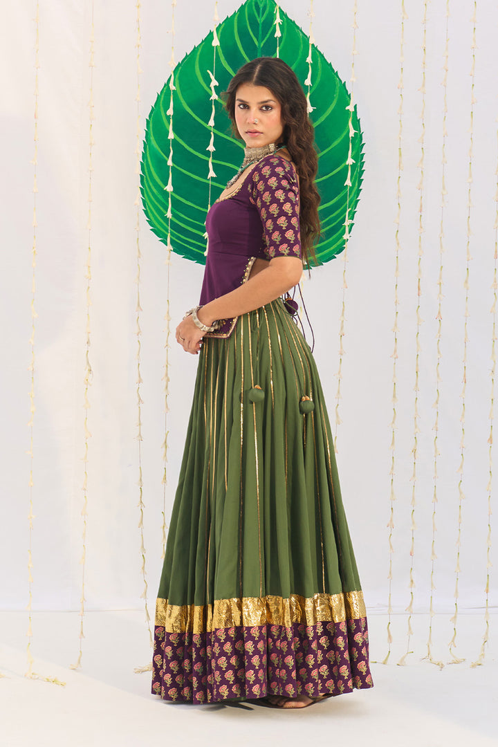 Jameela Olive Green Lehenga with Wine Choli and Dupatta (set of 3)