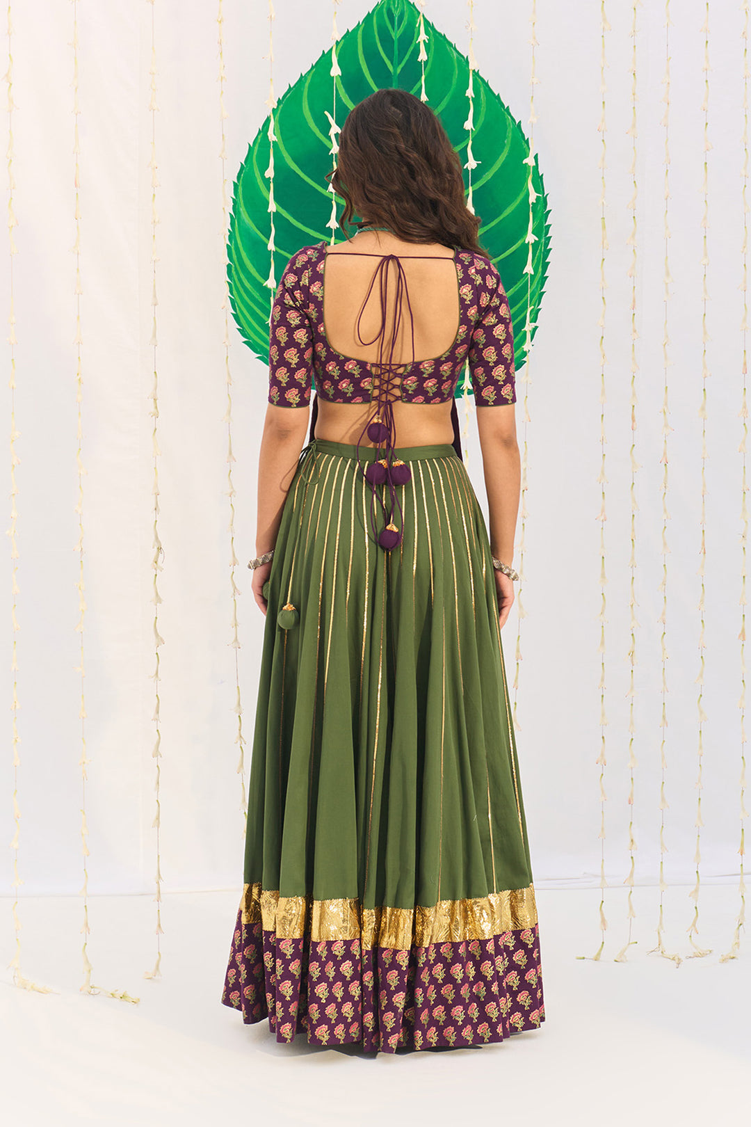 Jameela Olive Green Lehenga with Wine Choli and Dupatta (set of 3)