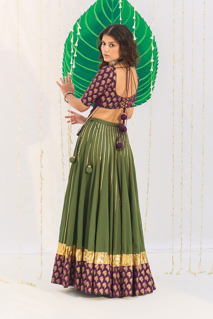 Jameela Olive Green Lehenga with Wine Choli and Dupatta (set of 3)