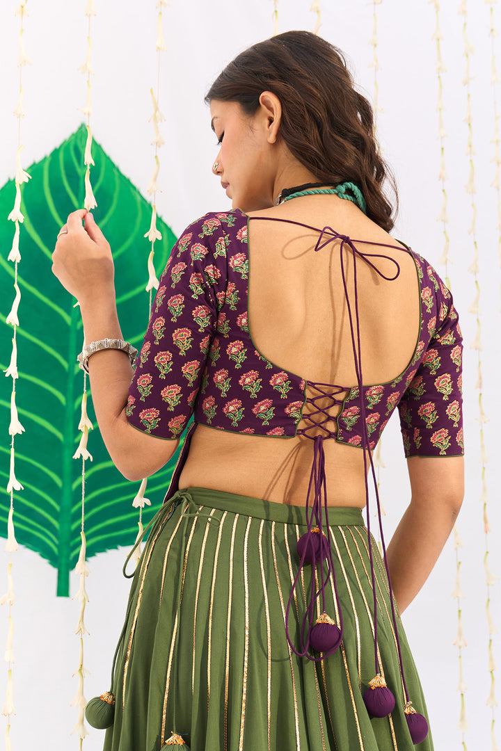 Jameela Olive Green Lehenga with Wine Choli and Dupatta (set of 3)