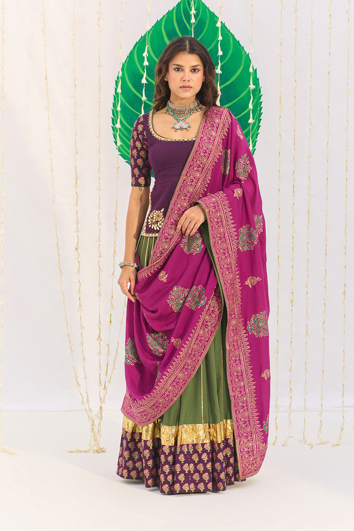 Jameela Olive Green Lehenga with Wine Choli and Dupatta (set of 3)