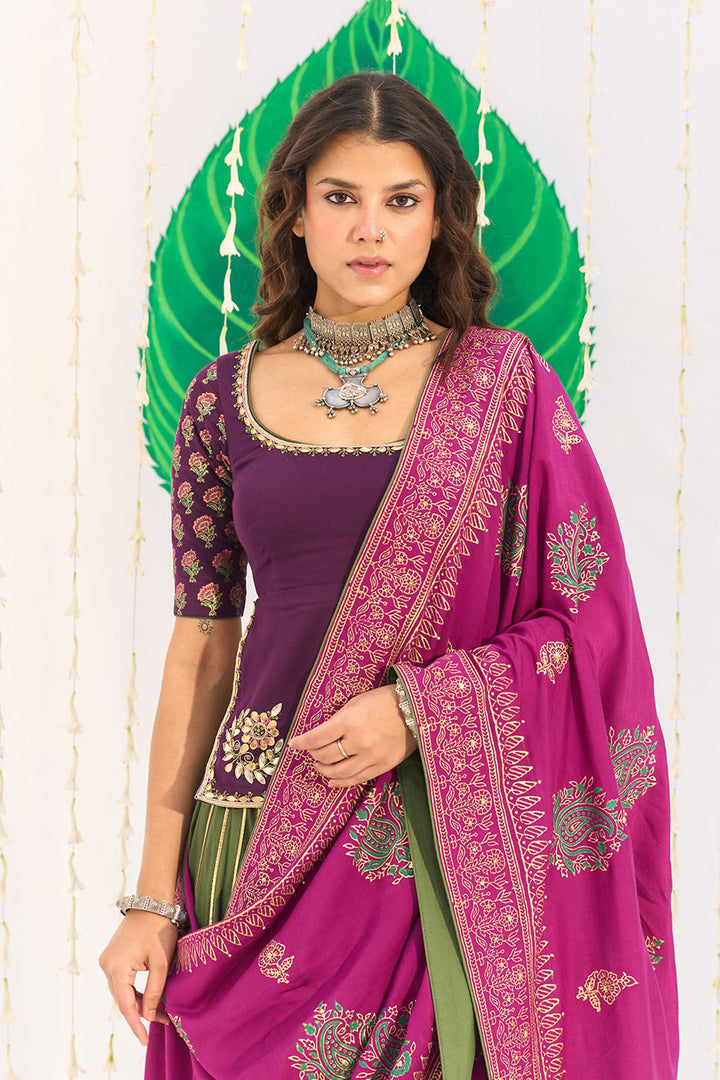 Jameela Olive Green Lehenga with Wine Choli and Dupatta (set of 3)