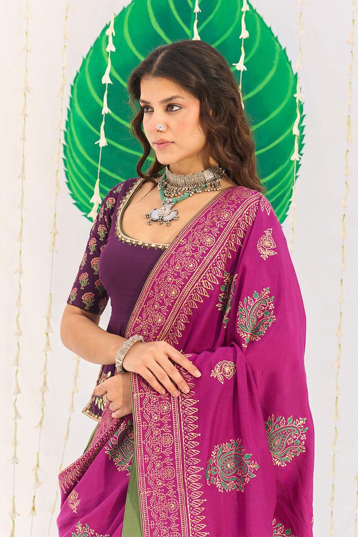 Jameela Olive Green Lehenga with Wine Choli and Dupatta (set of 3)