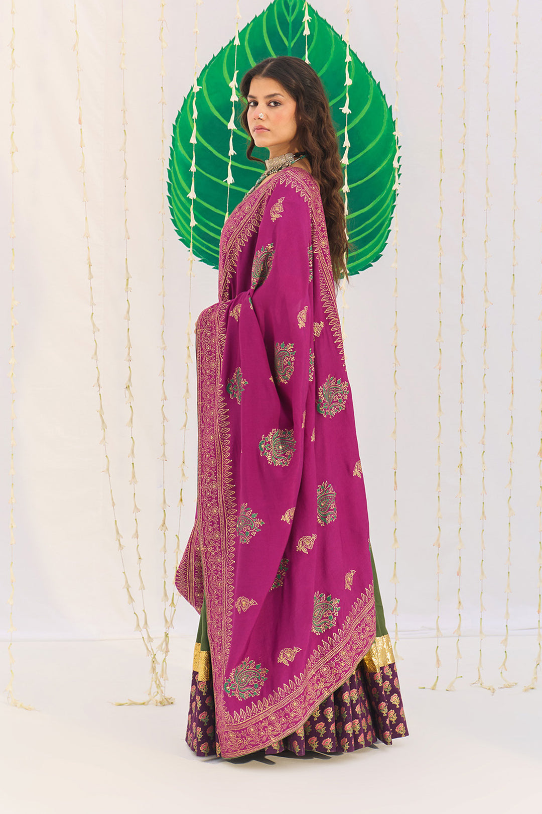 Jameela Olive Green Lehenga with Wine Choli and Dupatta (set of 3)