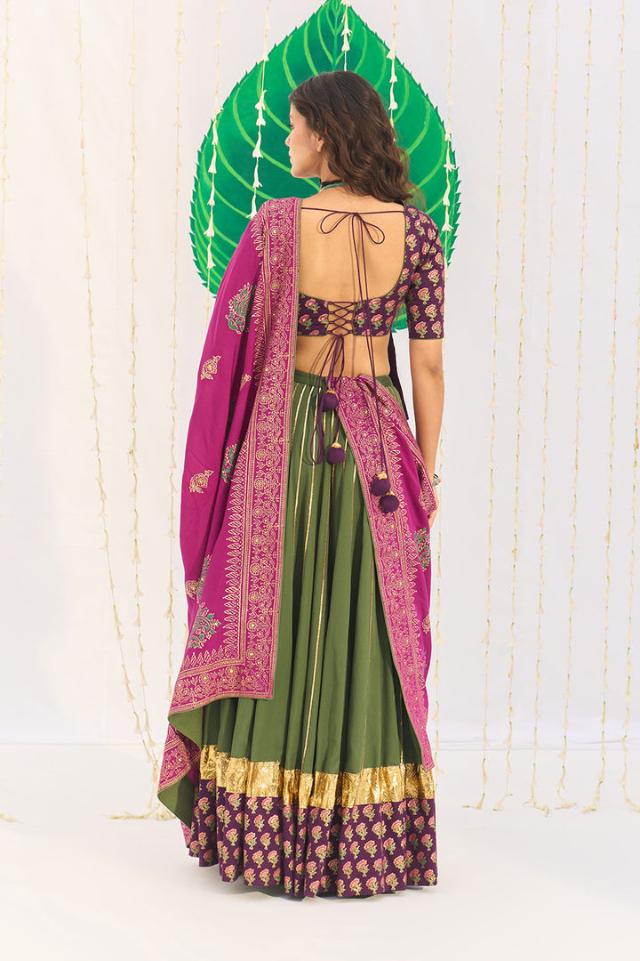 Jameela Olive Green Lehenga with Wine Choli and Dupatta (set of 3)