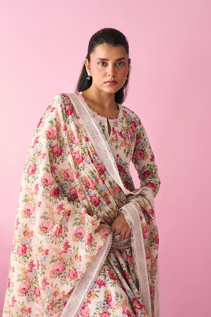 Summer Essentials 26 Kora Multi Flower Printed Off White Short Anarkali With Farshi Salwar And Dupatta ( Set Of 3 )